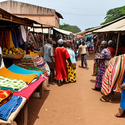Home 4 A bustling Bissau market scene with vendors selling colorful fabrics and exotic fruits, people bargaining, and traditional Guinean clothing on display.