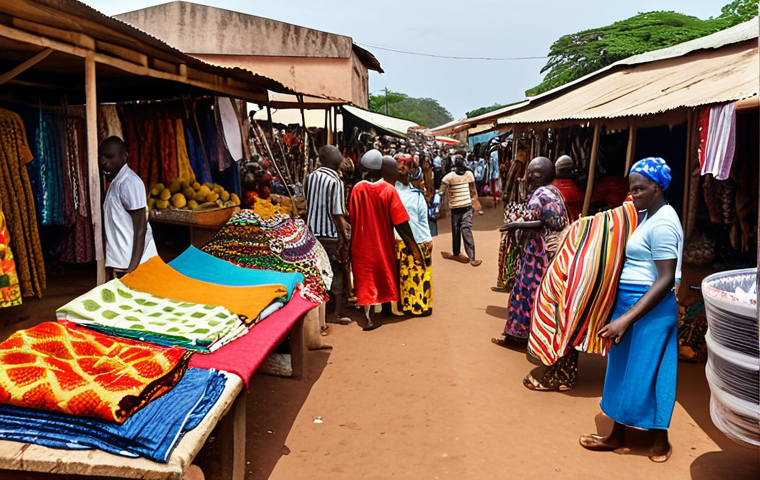 A bustling Bissau market scene with vendors selling colorful fabrics and exotic fruits, people bargaining, and traditional Guinean clothing on display.