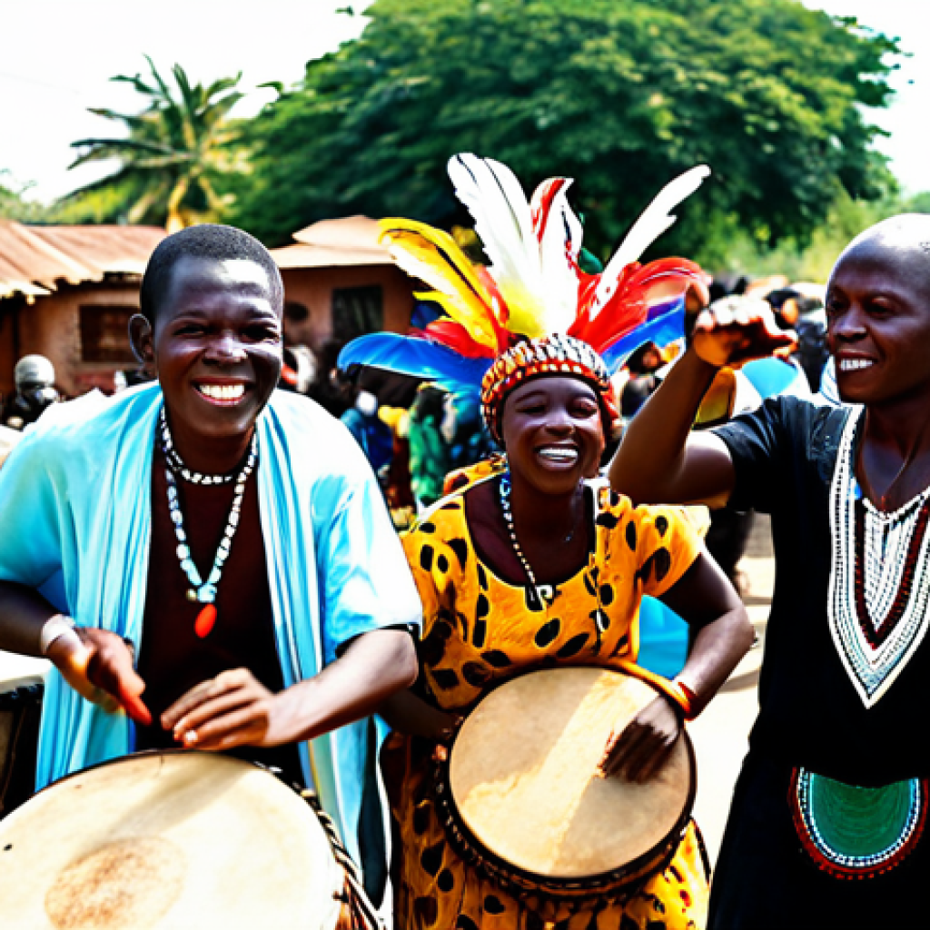 A diverse group of African people, including young adults and elders, participating in a vibrant Guinea-Bissau carnival celebration. They wear elaborate, traditional, and colorful masks adorned with feathers, cowrie shells, and reflective elements. Their modest clothing is richly patterned, fully clothed, and appropriate attire for a cultural celebration. Figures are captured in dynamic, natural poses, passionately drumming on djembe and bougarabou drums and dancing with energetic movements, fully immersed in the rhythm. The scene is set outdoors under a bright African sun, with a lively, blurred background of a traditional village street and joyful spectators. Professional photography, sharp focus, high detail, vibrant colors, perfect anatomy, correct proportions, well-formed hands, proper finger count, natural body proportions, safe for work, appropriate content, family-friendly.