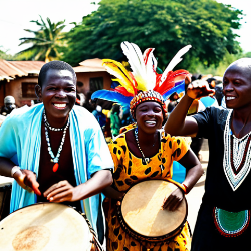Home 17 A diverse group of African people, including young adults and elders, participating in a vibrant Guinea-Bissau carnival celebration. They wear elaborate, traditional, and colorful masks adorned with feathers, cowrie shells, and reflective elements. Their modest clothing is richly patterned, fully clothed, and appropriate attire for a cultural celebration. Figures are captured in dynamic, natural poses, passionately drumming on djembe and bougarabou drums and dancing with energetic movements, fully immersed in the rhythm. The scene is set outdoors under a bright African sun, with a lively, blurred background of a traditional village street and joyful spectators. Professional photography, sharp focus, high detail, vibrant colors, perfect anatomy, correct proportions, well-formed hands, proper finger count, natural body proportions, safe for work, appropriate content, family-friendly.
