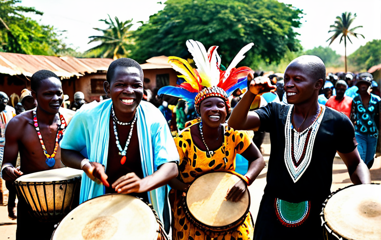 A diverse group of African people, including young adults and elders, participating in a vibrant Guinea-Bissau carnival celebration. They wear elaborate, traditional, and colorful masks adorned with feathers, cowrie shells, and reflective elements. Their modest clothing is richly patterned, fully clothed, and appropriate attire for a cultural celebration. Figures are captured in dynamic, natural poses, passionately drumming on djembe and bougarabou drums and dancing with energetic movements, fully immersed in the rhythm. The scene is set outdoors under a bright African sun, with a lively, blurred background of a traditional village street and joyful spectators. Professional photography, sharp focus, high detail, vibrant colors, perfect anatomy, correct proportions, well-formed hands, proper finger count, natural body proportions, safe for work, appropriate content, family-friendly.