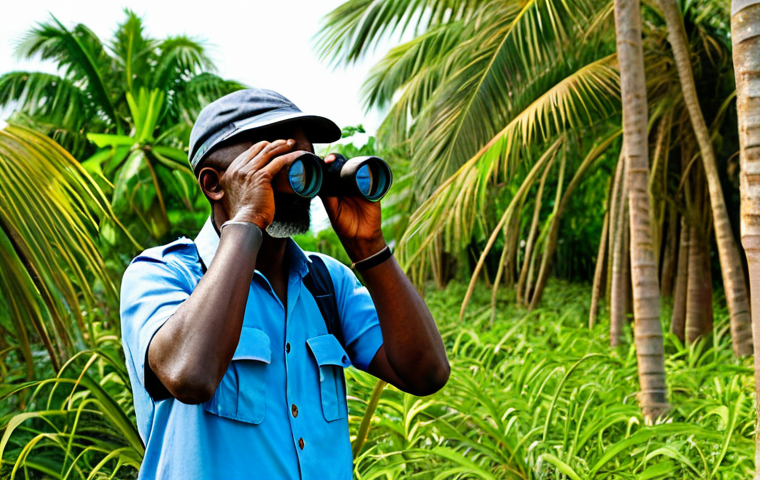 Bijagós Islands Birdwatcher**

"A fully clothed ornithologist with binoculars observes colorful African Grey Parrots in a lush palm forest on the Bijagós Islands, Guinea-Bissau. Modest clothing, appropriate attire, safe for work. Tropical island background, perfect anatomy, correct proportions, natural pose, well-formed hands, proper finger count, natural body proportions, professional photography, high quality, family-friendly, appropriate content."

**