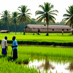 기니비사우의 농업과 주요 작물 - Rice Paddy Serenity**

"A wide shot of a lush, green rice paddy in Guinea-Bissau, with local farmers...