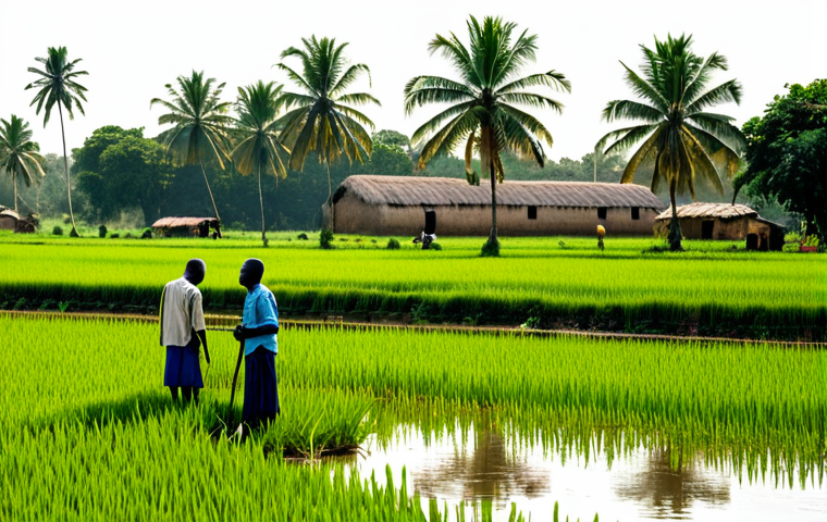 기니비사우의 농업과 주요 작물 - Rice Paddy Serenity**
"A wide shot of a lush, green rice paddy in Guinea-Bissau, with local farmers...