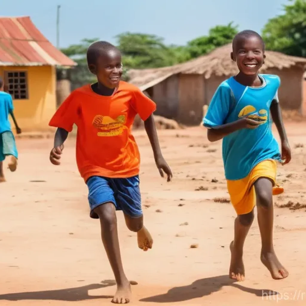 기니비사우에서 가장 인기 있는 스포츠 이벤트 - A vibrant scene in a sun-drenched Guinea-Bissau village, featuring a group of enthusiastic children ...