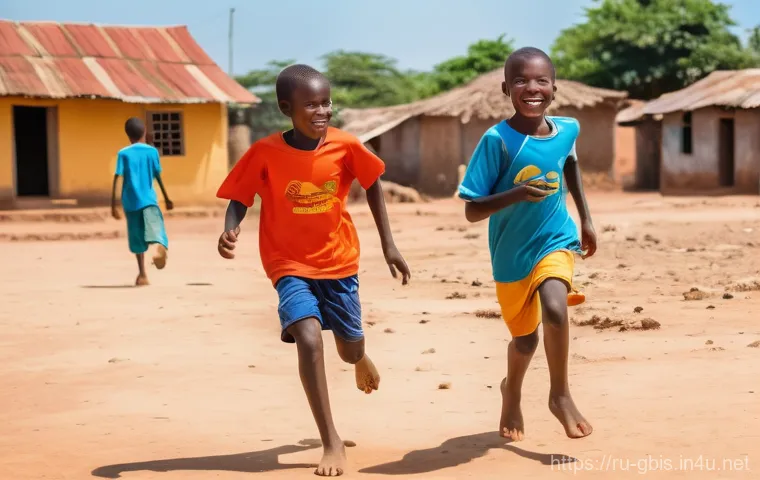 기니비사우에서 가장 인기 있는 스포츠 이벤트 - A vibrant scene in a sun-drenched Guinea-Bissau village, featuring a group of enthusiastic children ...