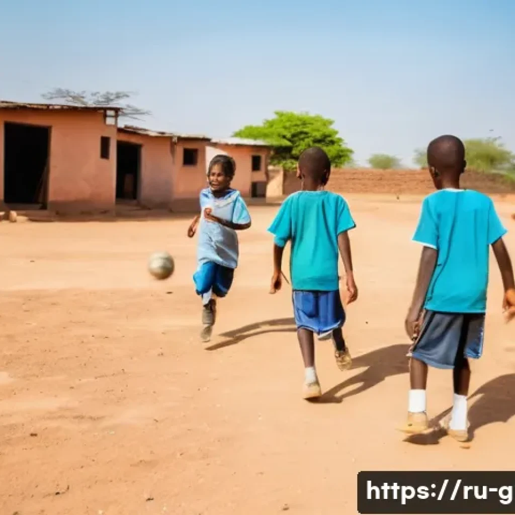 기니비사우에서 축구와 스포츠 문화 - A group of diverse children, aged 8-12, energetically playing football on a vast, sun-drenched, dust...
