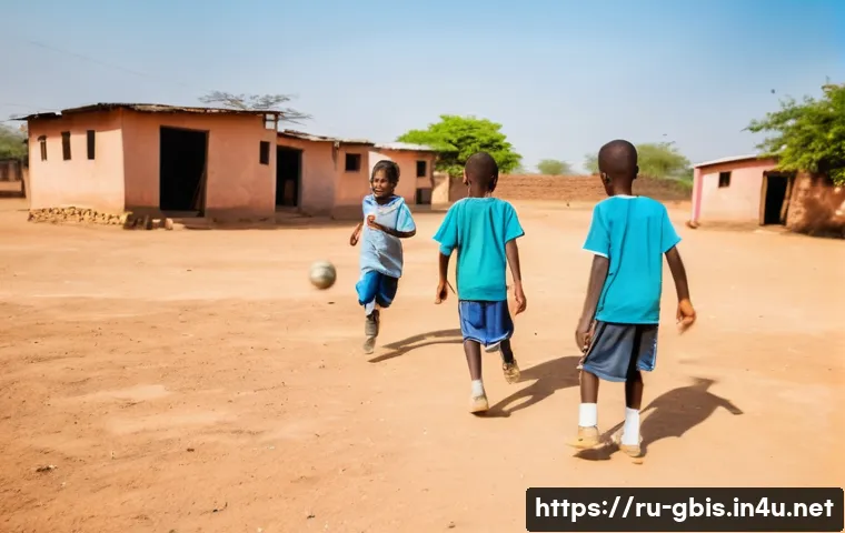 기니비사우에서 축구와 스포츠 문화 - A group of diverse children, aged 8-12, energetically playing football on a vast, sun-drenched, dust...