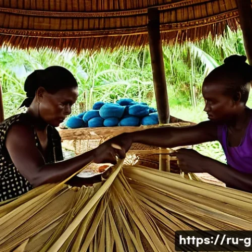 기니비사우에서 경험할 수 있는 농촌 생활 - A detailed scene of rural Guinea-Bissau artisans weaving baskets and mats from palm leaves and grass...
