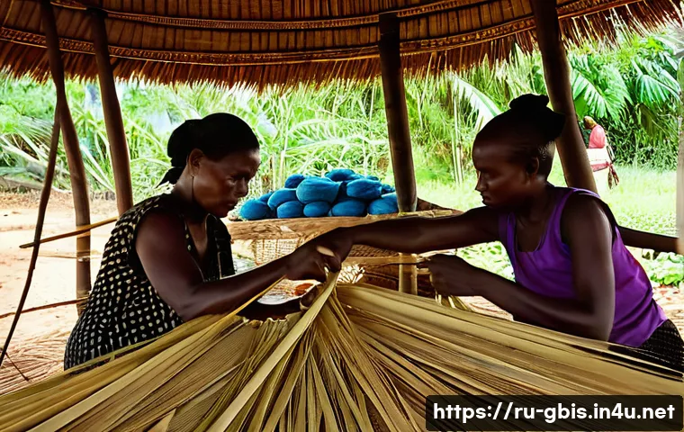 기니비사우에서 경험할 수 있는 농촌 생활 - A detailed scene of rural Guinea-Bissau artisans weaving baskets and mats from palm leaves and grass...