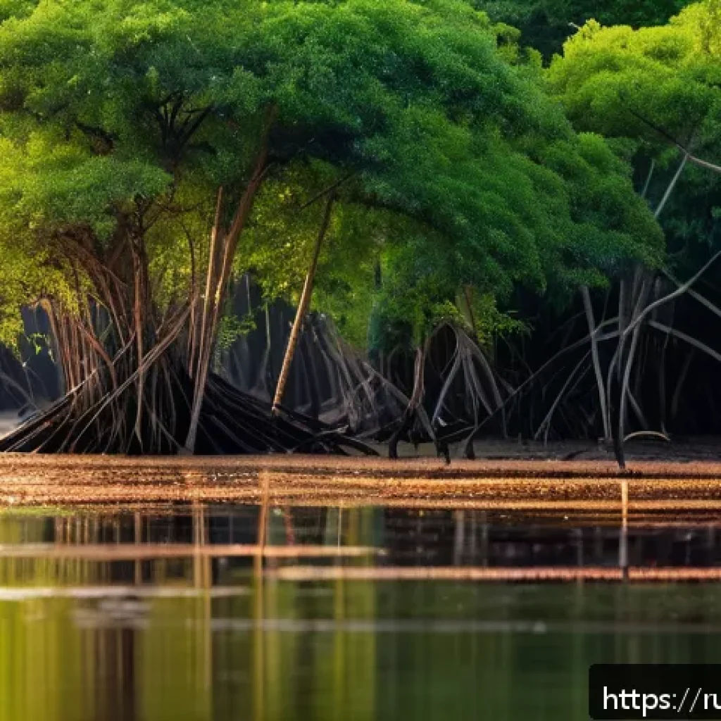 기니비사우에서 찾을 수 있는 희귀 동식물 - A vibrant mangrove forest scene along the coast of Guinea-Bissau, featuring colorful hummingbirds wi...