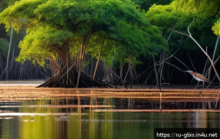 기니비사우에서 찾을 수 있는 희귀 동식물 - A vibrant mangrove forest scene along the coast of Guinea-Bissau, featuring colorful hummingbirds wi...