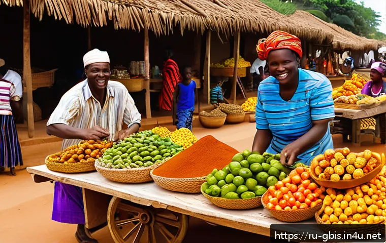 기니비사우에서 재래시장과 현대 시장 차이 - A lively traditional market scene in Guinea-Bissau during daytime, bustling with local vendors and c...