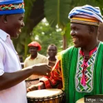 Home 21 기니비사우에서의 예술 축제와 문화 행사 - A vibrant outdoor festival scene in Bissau, Guinea-Bissau, featuring traditional musicians playing b...