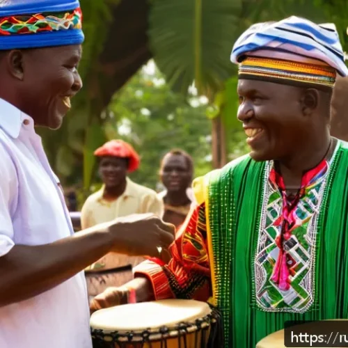 Home 33 기니비사우에서의 예술 축제와 문화 행사 - A vibrant outdoor festival scene in Bissau, Guinea-Bissau, featuring traditional musicians playing b...