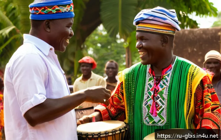 기니비사우에서의 예술 축제와 문화 행사 - A vibrant outdoor festival scene in Bissau, Guinea-Bissau, featuring traditional musicians playing b...