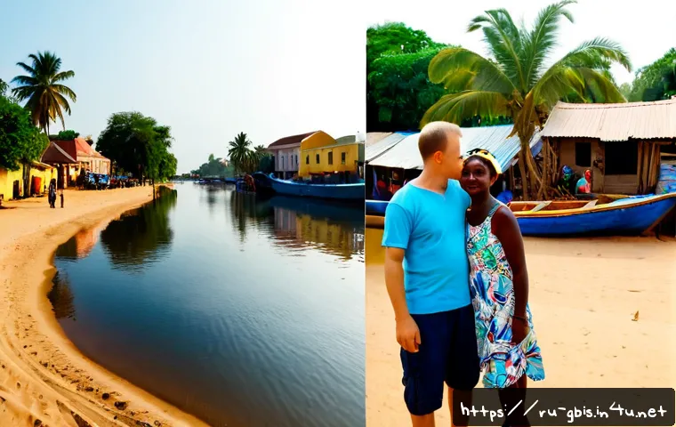 Home 17 기니비사우와 세네갈 감비아 비교 여행 - Photorealistic travel comparison scene, split composition with a peaceful Guinea-Bissau coastal vill...