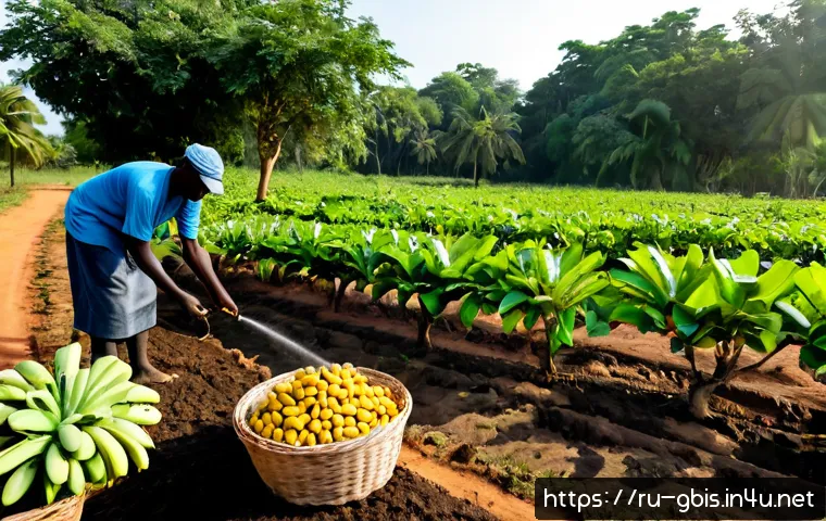 Home 17 기니비사우에서 유기농 제품과 친환경 농업 - Photorealistic wide-angle view of an eco-friendly organic farm in rural Guinea-Bissau, West African ...